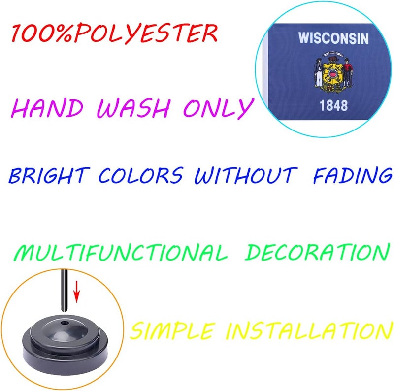 WXTWK 2 Pack USA Wisconsin Flag Wisconsin State Desk Flag Set - Mini Small Wisconsin Table Office Flags with Black 12" Solid Pole Stand Base Classroom Meeting Desktop Decorations - Image 3